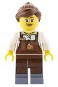 City Square Barista Minifigure - Barista in City Square with reddish brown apron holding cup, ponytail with swept fringe, glasses, and smile - cty0580