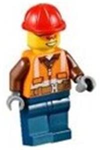 Construction Worker - Orange Zipper, Safety Stripes and Belt over Brown Shirt, Dark Blue Legs, Red Construction Helmet, Orange Sunglasses cty0584
