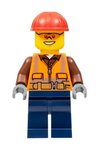 Construction Worker Minifigure - Construction worker with orange zipper, safety stripes, and belt over brown shirt, dark blue legs, red helmet, and orange sunglasses - cty0584