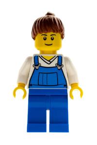 Farm Hand Female Minifigure - Female farm hand in blue overalls over a v-neck shirt, with a thin smile - cty0606