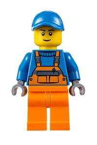 Worker in Orange Overalls - Minifigure wearing overalls with safety stripe, orange legs, blue short bill cap, and a thin grin - cty0609