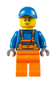 Minifigure wearing overalls with safety stripe, orange legs, blue short bill cap, and a thin grin - cty0609
