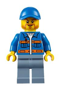 Male in Blue Jacket with Orange Stripes - Minifigure with blue jacket with pockets and orange stripes, sand blue legs, blue short bill cap, and a beard - cty0610