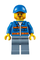 Minifigure with blue jacket with pockets and orange stripes, sand blue legs, blue short bill cap, and a beard - cty0610