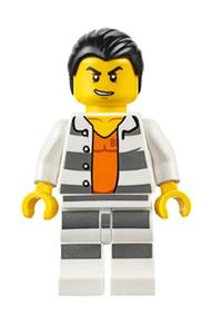 Jail Prisoner Minifigure - Minifigure with jail prisoner shirt featuring prison stripes and orange undershirt, striped legs, and combed hair - cty0613