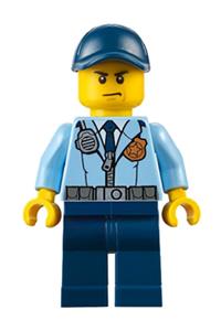 Police Officer Minifigure - City police officer with a jacket featuring a dark blue tie and gold badge, dark blue legs, and a cap - cty0616