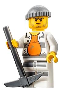 Jail Prisoner Minifigure - Prisoner minifigure with striped legs, open shirt, gray knit cap, carrying a backpack labeled "Jail Prisoner 18675." - cty0618