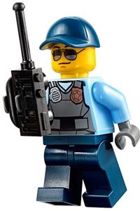 Police Officer Minifigure - City police officer with sunglasses wearing a gray vest with a radio and gold badge, dark blue legs, and a cap - cty0619