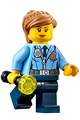Female city police officer with dark blue tie, gold badge, radio, medium nougat ponytail, and swept sideways fringe wearing dark blue legs - cty0620