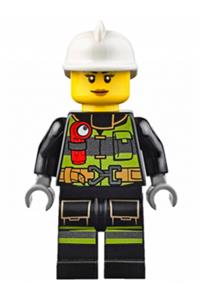 Firefighter Minifigure - Firefighter with reflective stripes, utility belt, and flashlight, wearing a white fire helmet with peach lips - cty0627