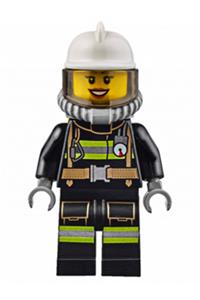 Firefighter Minifigure - Firefighter with reflective stripes and utility belt, white fire helmet, breathing neck gear, trans black visor, peach lips - cty0629