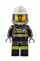 Firefighter with reflective stripes and utility belt, white fire helmet, breathing neck gear, trans black visor, peach lips - cty0629
