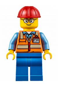 Male Worker Minifigure - Minifigure wearing an orange safety vest with reflective stripes, blue legs, a red construction helmet, and glasses - cty0630