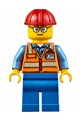 Minifigure wearing an orange safety vest with reflective stripes, blue legs, a red construction helmet, and glasses - cty0630