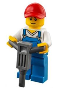 Male in Overalls Minifigure - Minifigure wearing blue overalls over a v-neck shirt, with blue legs and a red cap with a hole - cty0636