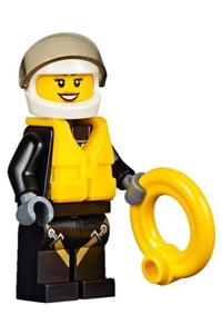 Firefighter Minifigure - Firefighter with reflective stripes, utility belt, flashlight, life jacket, white helmet with trans-black visor, and open mouth smile - cty0640