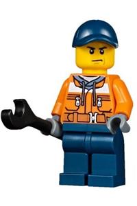 Construction Worker Minifigure - Construction worker with chest pocket zippers, belt over dark gray hoodie, dark blue legs, and a dark blue cap with a hole - cty0641