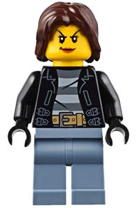 Bandit Crook Minifigure - Female city bandit crook with sand blue legs, dark brown mid-length tousled hair, and a backpack - cty0642