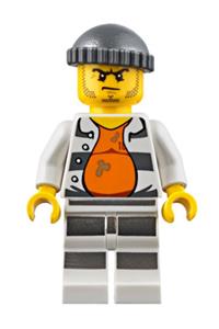 Jail Prisoner Minifigure - Prisoner minifigure wearing a gray knit cap, open shirt, and striped legs, labeled as Jail Prisoner 18675 - cty0643