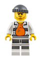 Prisoner minifigure wearing a gray knit cap, open shirt, and striped legs, labeled as Jail Prisoner 18675 - cty0643