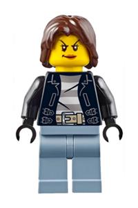 Bandit Crook Minifigure - Female city bandit crook police minifigure with sand blue legs and dark brown mid-length tousled hair - cty0645