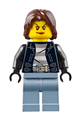 Female city bandit crook police minifigure with sand blue legs and dark brown mid-length tousled hair - cty0645