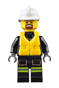 Firefighter Minifigure - Minifigure with white fire helmet, brown moustache and goatee, reflective stripes, utility belt with flashlight, and life jacket - cty0649