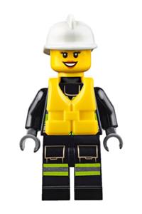 Firefighter Minifigure - Firefighter wearing a white fire helmet, life jacket, reflective stripes, utility belt with flashlight, and peach lips - cty0650
