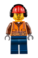 Male worker wearing an orange safety vest with reflective stripes, reddish brown shirt, dark blue legs, and a red construction helmet - cty0653
