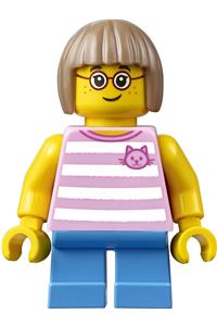 Girl Minifigure - Girl minifigure wearing a bright pink striped top with a cat head, paired with dark azure short legs - cty0663