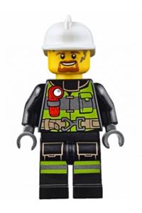 Firefighter Minifigure - Firefighter with reflective stripes, utility belt with flashlight, white fire helmet, brown moustache and goatee, and soot marks - cty0669