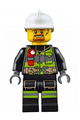 Firefighter with reflective stripes, utility belt with flashlight, white fire helmet, brown moustache and goatee, and soot marks - cty0669