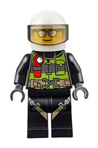 Firefighter Minifigure - Firefighter with a white helmet, Trans-Black visor, and silver sunglasses, wearing reflective stripes with utility belt and flashlight - cty0670