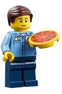 Male Worker Minifigure - Minifigure wearing a medium blue uniform shirt with pocket and Octan logo, paired with dark blue legs and dark brown smooth hair - cty0672