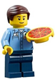 Minifigure wearing a medium blue uniform shirt with pocket and Octan logo, paired with dark blue legs and dark brown smooth hair - cty0672
