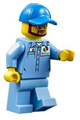 Minifigure wearing a medium blue uniform shirt with a pocket and Octan logo, matching legs, and a blue cap with a hole - cty0673