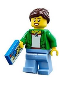 Customer Minifigure - Customer - Green Female Jacket Open with Necklace, Medium Blue Legs, Dark Brown Ponytail and Swept Sideways Fringe - cty0675