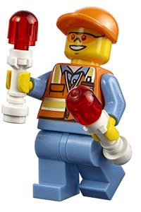 Male Worker Minifigure - Minifigure with orange safety vest, reflective stripes, medium blue legs, short bill cap, and sunglasses - cty0677