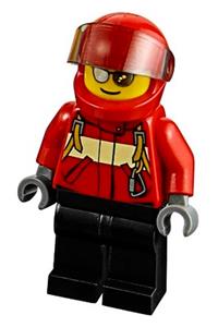 City Pilot Male Minifigure - Male city pilot in a red fire suit with carabiner, black legs, red helmet, and silver sunglasses - cty0678