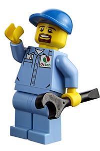 Male Worker Minifigure - Minifigure wearing a medium blue uniform shirt with a pocket and Octan logo, paired with medium blue legs, a blue short bill cap, and a goatee - cty0679