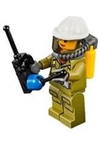 Volcano Explorer Female Worker - Female volcano explorer worker in a suit with harness, construction helmet, breathing neck gear with airtanks, and trans-black visor - cty0681