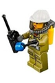 Female volcano explorer worker in a suit with harness, construction helmet, breathing neck gear with airtanks, and trans-black visor - cty0681