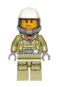Volcano Explorer Minifigure - Male volcano explorer in worker suit with harness and construction helmet, wearing breathing neck gear with yellow airtanks, trans-black visor, and sweat drops - cty0682
