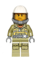 Male volcano explorer in worker suit with harness and construction helmet, wearing breathing neck gear with yellow airtanks, trans-black visor, and sweat drops - cty0682