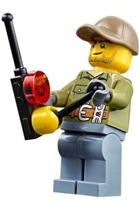 Volcano Explorer Minifigure - Male volcano explorer with a dark tan cap with a hole, wearing a shirt with belt and radio, and a crooked smile and scar - cty0683