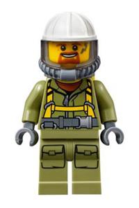 Volcano Explorer Minifigure - Male volcano explorer worker with suit, harness, construction helmet, breathing neck gear, yellow airtanks, trans-black visor, and goatee - cty0685