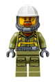 Male volcano explorer worker with suit, harness, construction helmet, breathing neck gear, yellow airtanks, trans-black visor, and goatee - cty0685