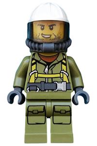 Volcano Explorer Minifigure - Male volcano explorer worker in a suit with harness, construction helmet, breathing neck gear with yellow tanks, and a trans-black visor, showing stubble - cty0686