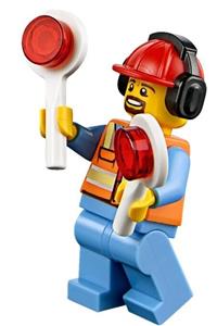 Male Worker Minifigure - Minifigure wearing a red construction helmet with headset, orange safety vest with reflective stripes, and medium blue legs - cty0688
