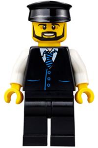 Limousine Driver Minifigure - Limousine Driver - Black Vest with Blue Striped Tie, Black Legs, Black Hat, Black Beard - cty0692